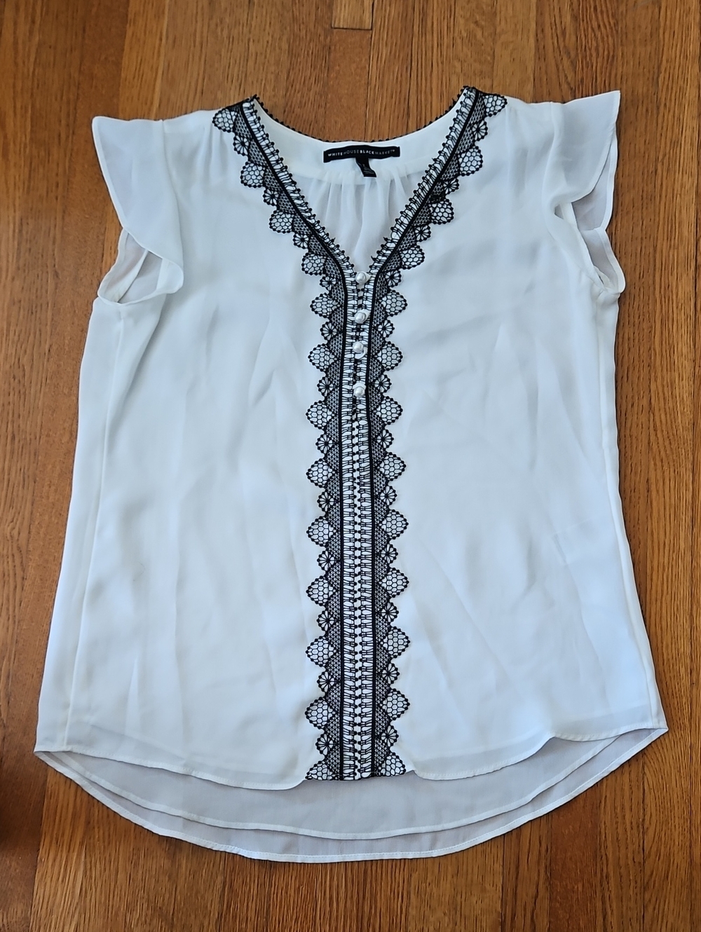 White House Black Market White Blouse with Black Lace Trim